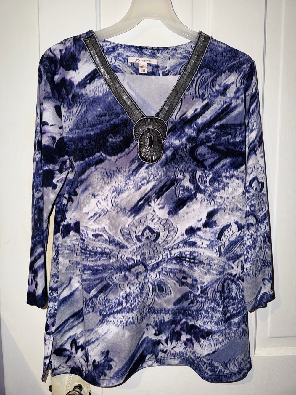 JM Collection Blue Marble-Print V-Neck Long Sleeve Top